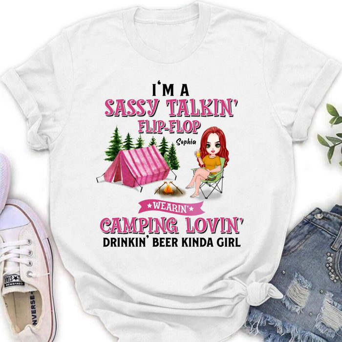 Custom Personalized Camping Girl Shirt/ Pullover Hoodie - Gift Idea For Camping Lovers - I'm A Sassy Talkin' Flip - Flop Camping Lovin' Drinkin' Beer Kinda Girl