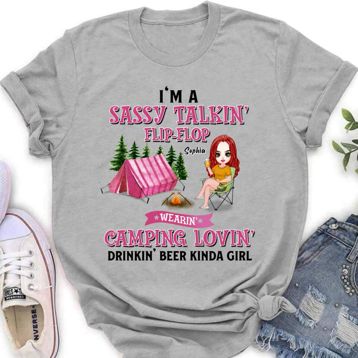 Custom Personalized Camping Girl Shirt/ Pullover Hoodie - Gift Idea For Camping Lovers - I'm A Sassy Talkin' Flip - Flop Camping Lovin' Drinkin' Beer Kinda Girl