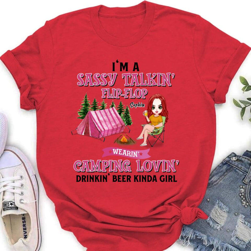 Personalized Camping Girl Shirt/Pullover Hoodie - Gift Idea For Camping Lovers - I'm A Sassy Talkin' Flip - Flop Camping Lovin' Drinkin' Beer Kinda Girl