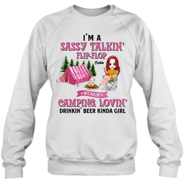 Custom Personalized Camping Girl Shirt/ Pullover Hoodie - Gift Idea For Camping Lovers - I'm A Sassy Talkin' Flip - Flop Camping Lovin' Drinkin' Beer Kinda Girl