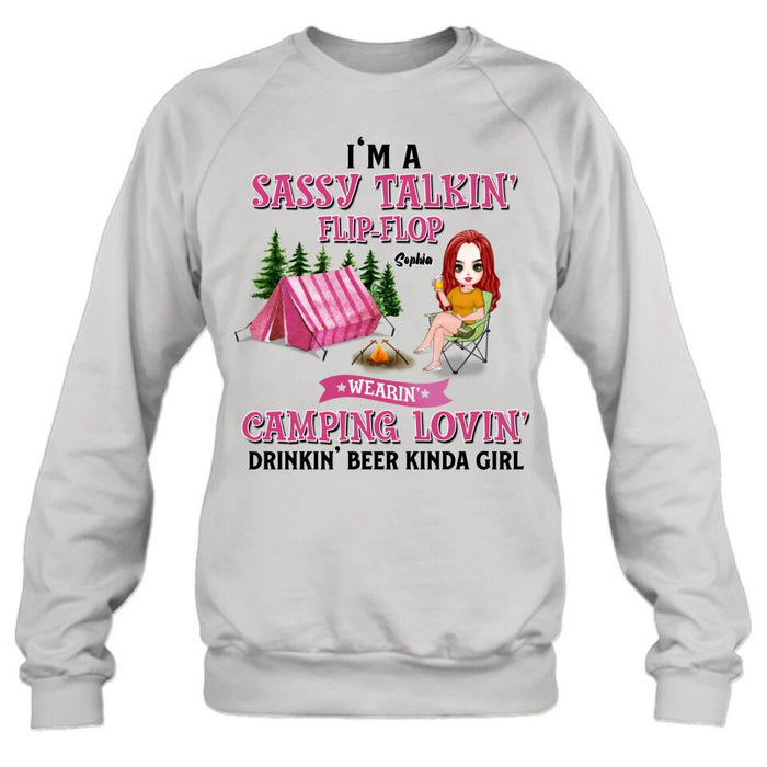 Custom Personalized Camping Girl Shirt/ Pullover Hoodie - Gift Idea For Camping Lovers - I'm A Sassy Talkin' Flip - Flop Camping Lovin' Drinkin' Beer Kinda Girl