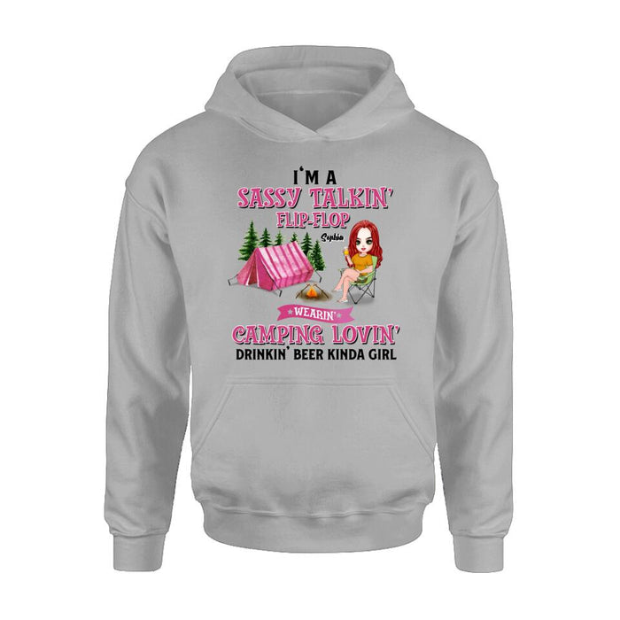 Custom Personalized Camping Girl Shirt/ Pullover Hoodie - Gift Idea For Camping Lovers - I'm A Sassy Talkin' Flip - Flop Camping Lovin' Drinkin' Beer Kinda Girl