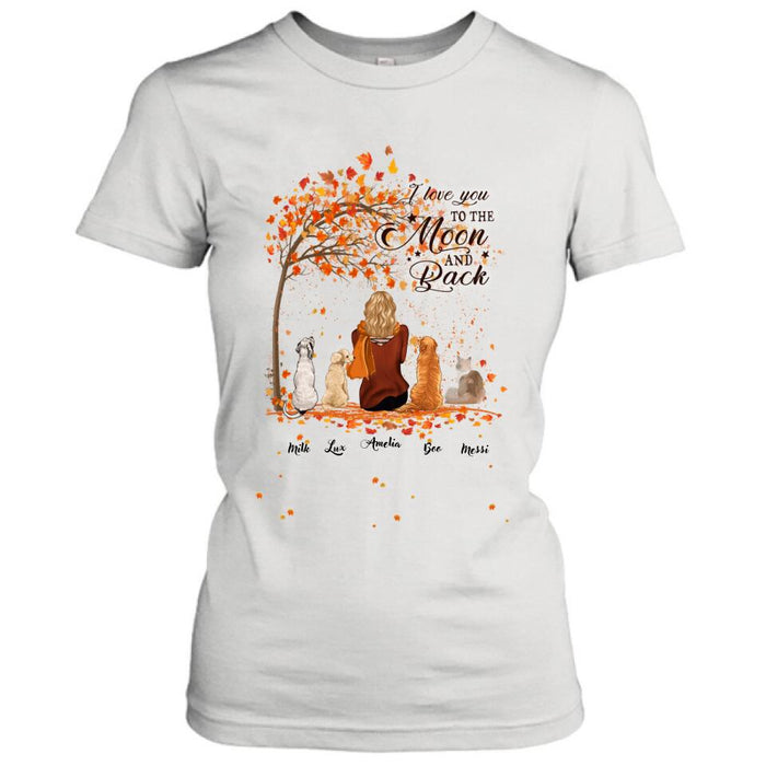 Custom Personalized Fall Pet Mom T-Shirt/Hoodie - Woman With Upto 4 Pets - Best Gift For Dog Lovers/Cat Lovers - I Love You To The Moon And Back