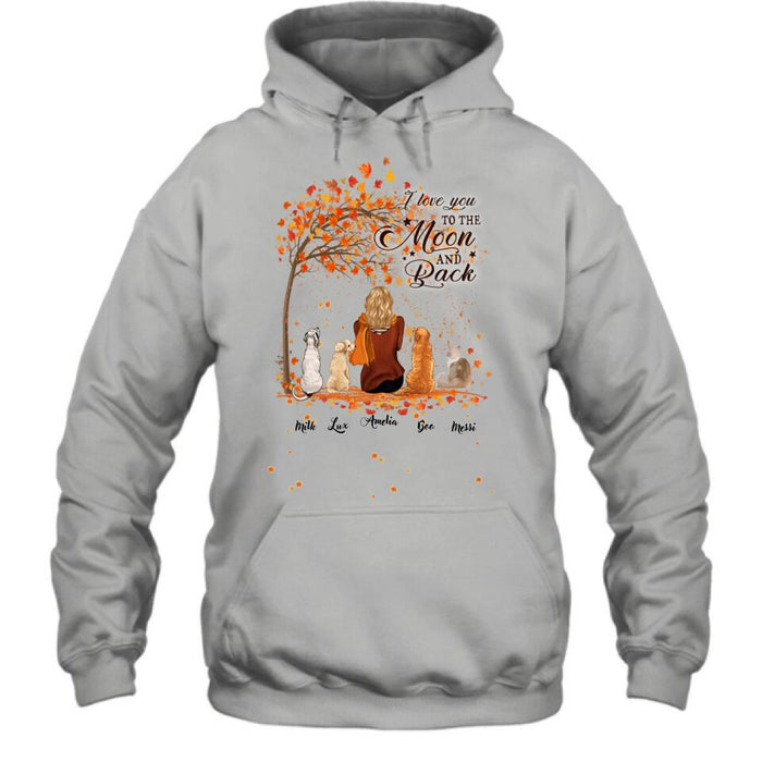 Custom Personalized Fall Pet Mom T-Shirt/Hoodie - Woman With Upto 4 Pets - Best Gift For Dog Lovers/Cat Lovers - I Love You To The Moon And Back