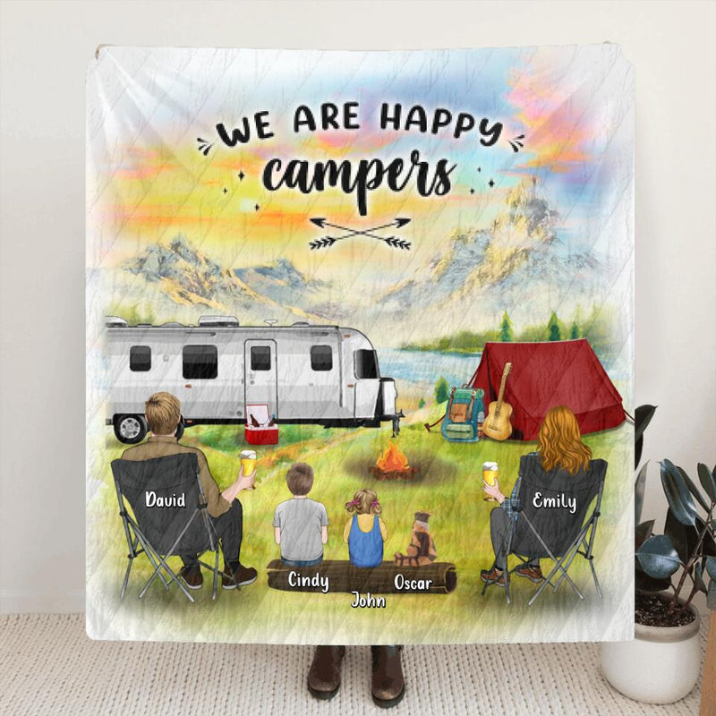 Personalized Family Camping Fleece Throw Blanket/Quilt - Gift Idea For Mother's day/Father's Day - Up To 2 Kids - We Are Happy Campers