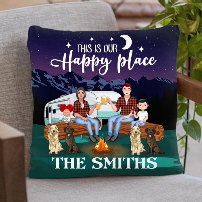 Custom Personalized Camping Under The Stars Pillow Cover & Fleece/ Quilt Blanket - Gift Idea For Family/Camping Lover - Couple/ Parents With Upto 2 Kids And 4 Dogs - This Is Our Happy Place