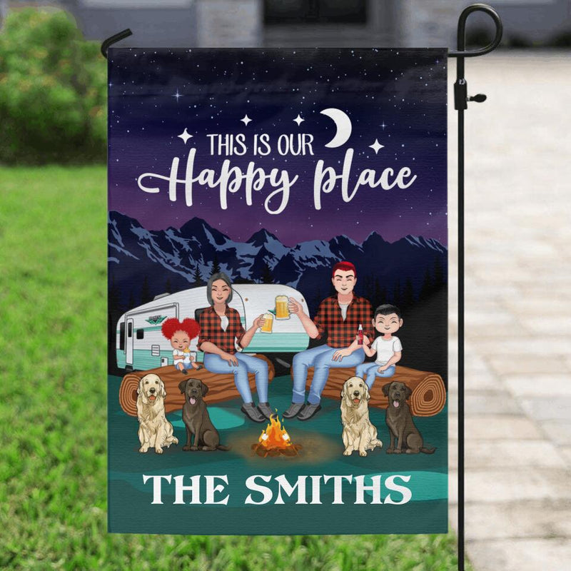 Personalized Camping Under The Stars Flag Sign - Gift Idea For Family/Camping Lover - Couple/Parents With Up to 2 Kids And 4 Dogs - This Is Our Happy Place