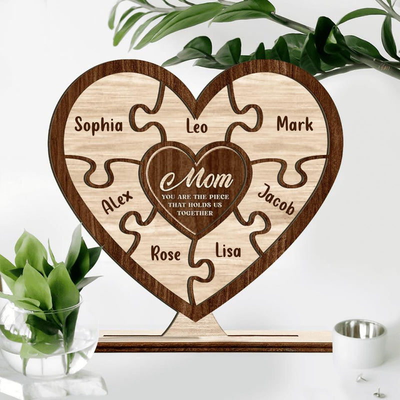 Personalized Mom Wooden Plaque - Up to 7 Kids - Mother's Day Gift For Mom - Mom You Are The Piece That Holds Us Together