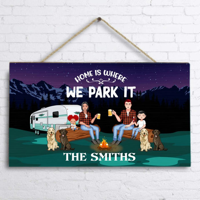 Custom Personalized Camping Under The Stars Door Sign - Gift Idea For Family/Camping Lover - Couple/ Parents With Upto 2 Kids And 4 Dogs - Home Is Where We Park It