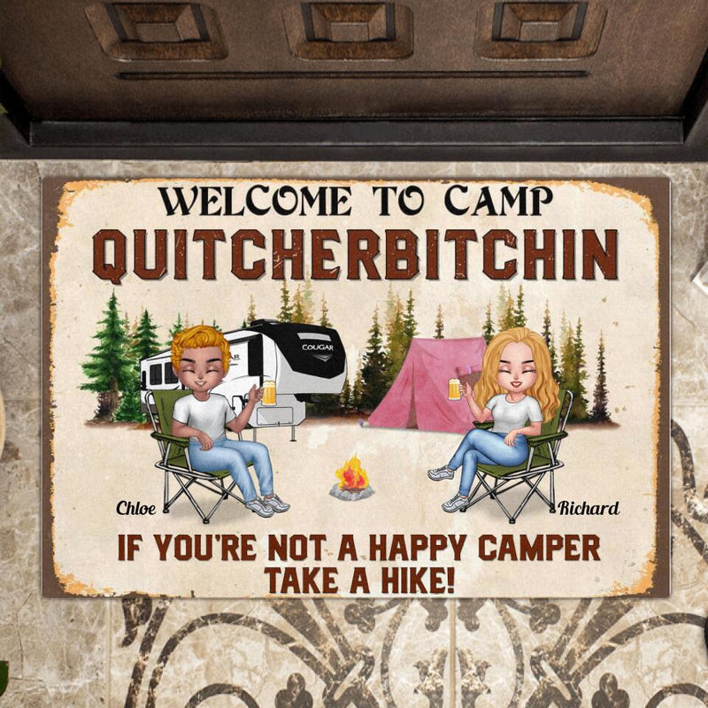 Personalized Welcome To Camp Quitcherbitchin Doormat - Gift Idea For Camping Lovers - Up To 6 People - If You're Not A Happy Camper Take A Hike!