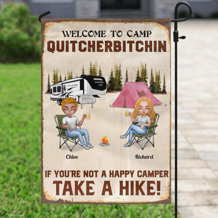 Custom Personalized Welcome To Camp Quitcherbitchin Flag Sign - Gift Idea For Camping Lovers - Up To 6 People - If You're Not A Happy Camper Take A Hike!