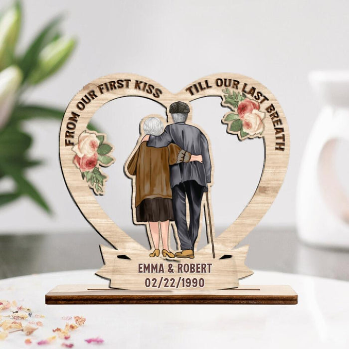 Custom Personalized Couple Wooden Plaque - Gift for Couples, Husband and Wife - Old Couple Hugging - From Our First Kiss Till Our Last Breath