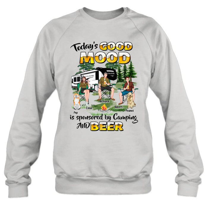 Custom Personalized Camping Shirt/ Pullover Hoodie - Gift Idea For Camping Lover/ Friends/ Couple - Upto 3 People And 2 Dogs - Today's Good Mood Is Sponsored By Camping And Beer