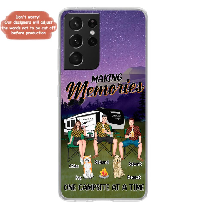 Custom Personalized Camping Phone Case - Gift Idea For Camping Lover/ Friends/ Couple - Upto 3 People And 2 Dogs - Making Memories One Campsite At A Time - Case For iPhone And Samsung