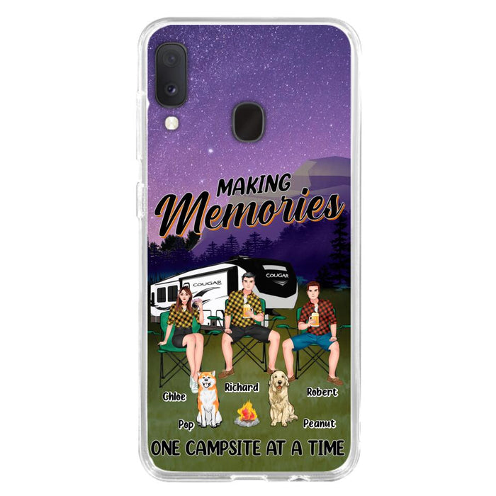 Custom Personalized Camping Phone Case - Gift Idea For Camping Lover/ Friends/ Couple - Upto 3 People And 2 Dogs - Making Memories One Campsite At A Time - Case For iPhone And Samsung