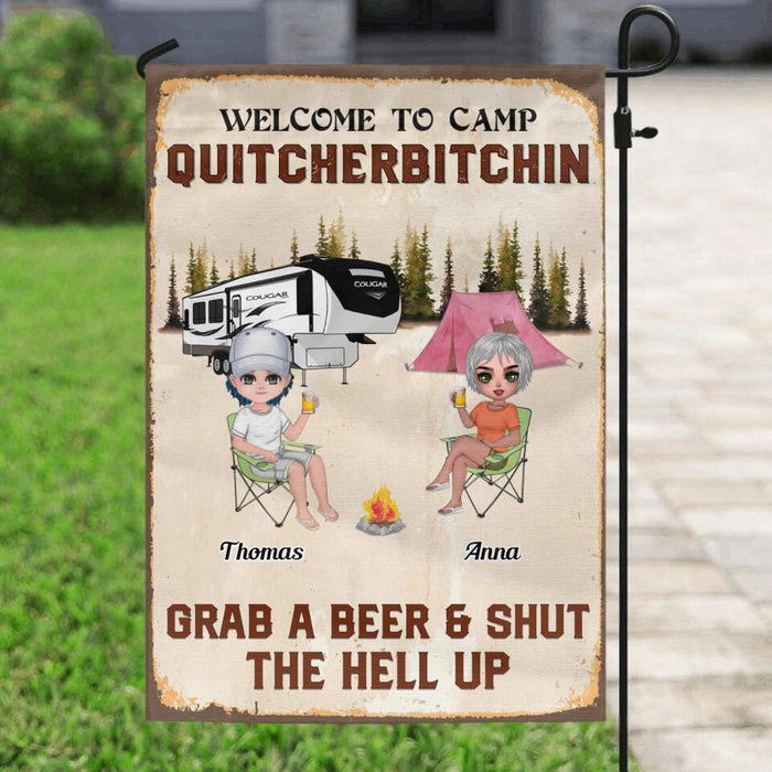 Custom Personalized Welcome To Camp Quitcherbitchin Flag Sign - Gift Idea For Friends - Up To 7 People - Grab A Beer And Shut The Hell Up