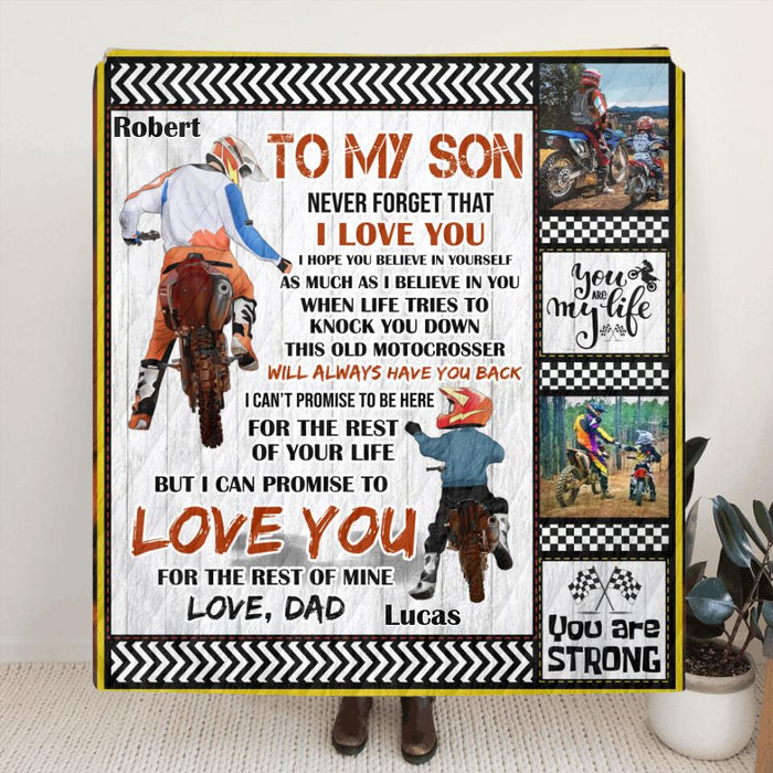 Custom Personalized Father & Son Biker Quilt/Single Layer Fleece Blanket - Gift Idea For Bike Lovers - To My Son Never Forget That I Love You