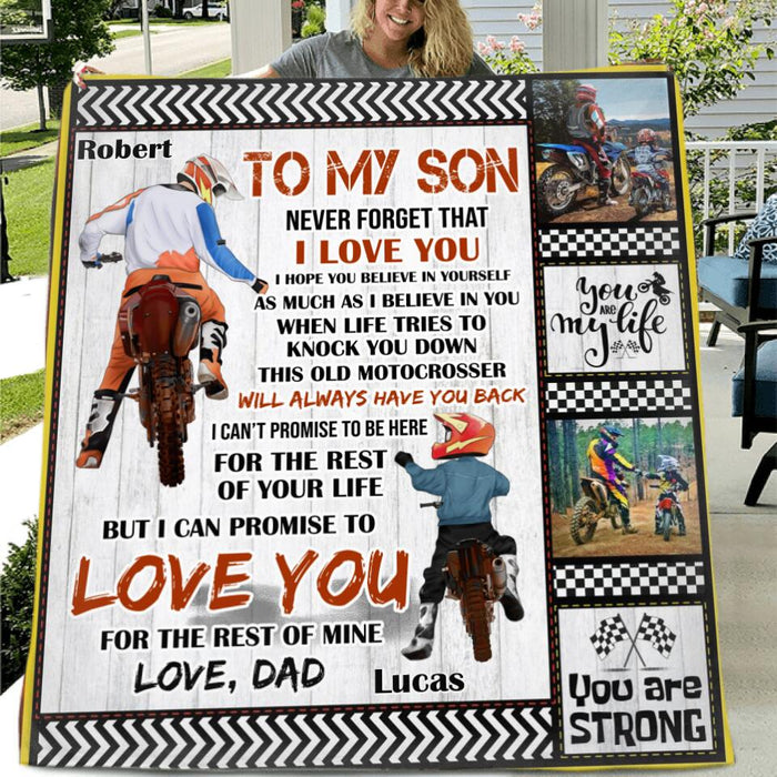 Custom Personalized Father & Son Biker Quilt/Single Layer Fleece Blanket - Gift Idea For Bike Lovers - To My Son Never Forget That I Love You