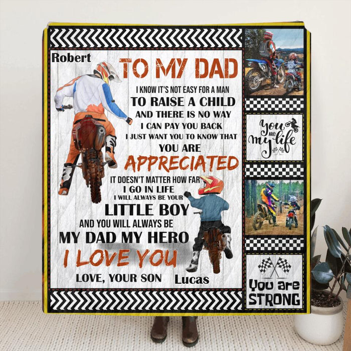 Custom Personalized Father & Son Biker Quilt/Single Layer Fleece Blanket - Gift Idea For Bike Lovers/Father's Day - To My Dad I Know It's Not Easy To Raise A Child