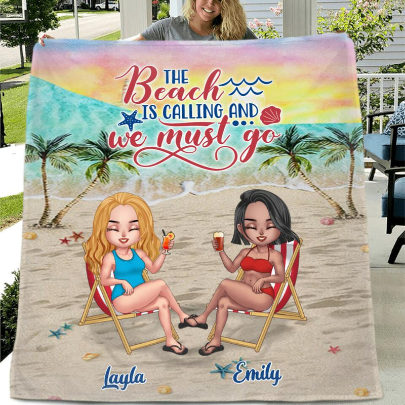 Personalized Beach Fleece Throw Blanket/Quilt - Up to 5 People - Gift Idea For Friends - The Beach Is Calling And We Must Go