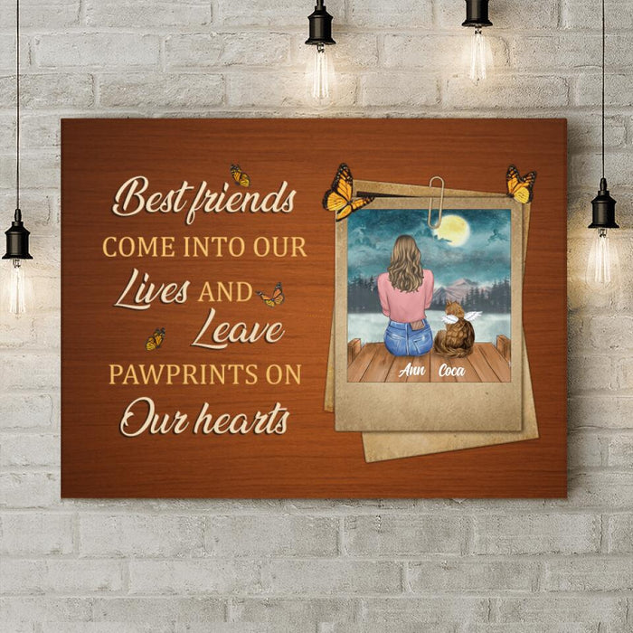 Custom Personalized Pet Memorial Canvas - Adult/ Couple With Upto 4 Pets - Memorial Gift Idea For Dog/ Cat Lover - Best Friends Come Into Our Lives And Leave Pawprints On Our Hearts