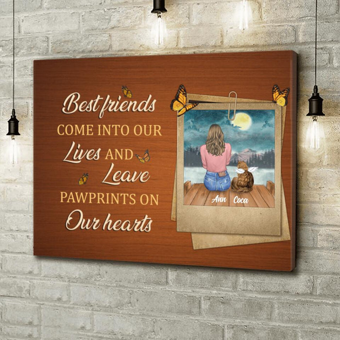 Custom Personalized Pet Memorial Canvas - Adult/ Couple With Upto 4 Pets - Memorial Gift Idea For Dog/ Cat Lover - Best Friends Come Into Our Lives And Leave Pawprints On Our Hearts