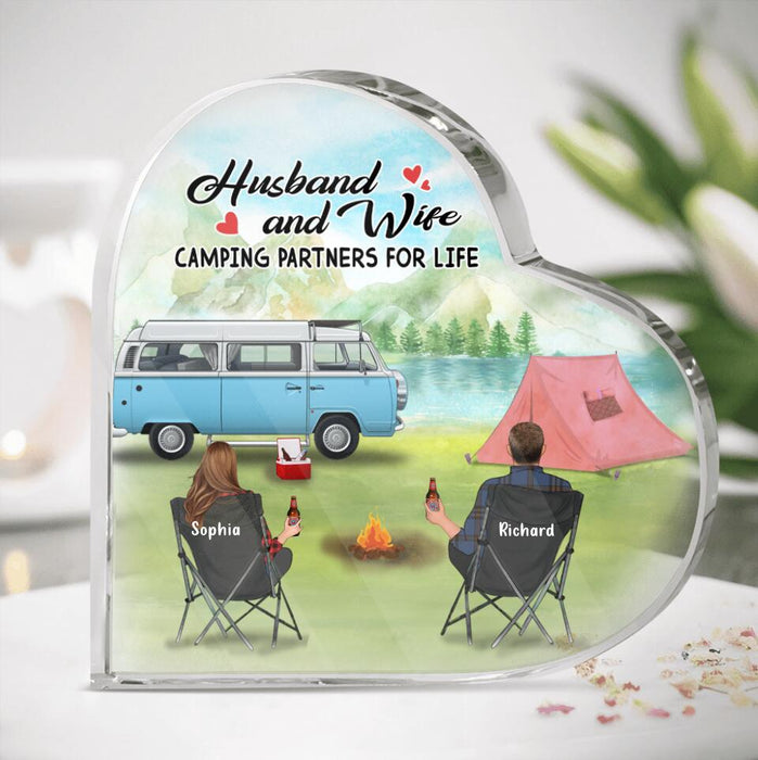 Custom Personalized Heart Acrylic Camping Plaque - Gift for Camping Lovers, Couples - Up to 3 Pets - Husband and Wife Camping partners for life