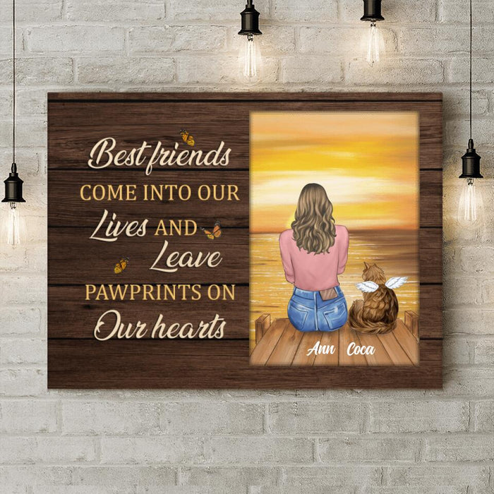 Personalized Pet Memorial Canvas - Adult/ Couple With Upto 4 Pets - Memorial Gift Idea For Dog/ Cat Lover - Best Friends Come Into Our Lives And Leave Pawprints On Our Hearts