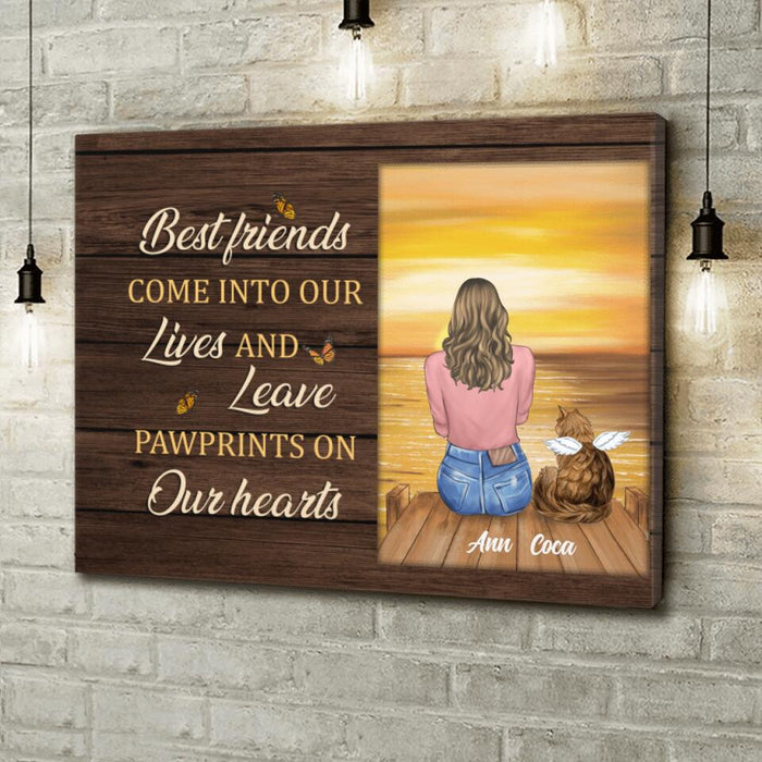 Personalized Pet Memorial Canvas - Adult/ Couple With Upto 4 Pets - Memorial Gift Idea For Dog/ Cat Lover - Best Friends Come Into Our Lives And Leave Pawprints On Our Hearts