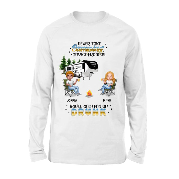 Custom Personalized Camping Friends Shirt - Upto 6 People - Gift Idea For Friends/Camping Lovers - Never Take Camping Advice From Us You'll Only End Up Drunk