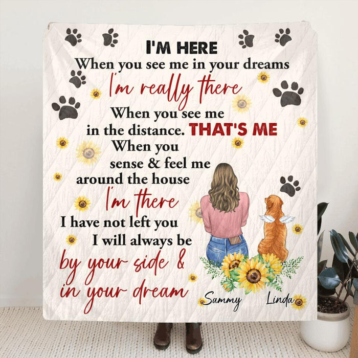 Custom Personalized Memorial Dog Mom Quilt/Fleece Blanket - Upto 2 Dogs - Gift Idea For Mother's Day/Dog Lover - I'm Here