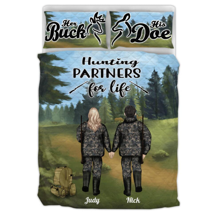 Custom Personalized Couple Hunting Quilt Bed Sets  - Couple With Upto 2 Pets - Gift Idea For Couple/ Hunting Lover - Hunting Partners for Life