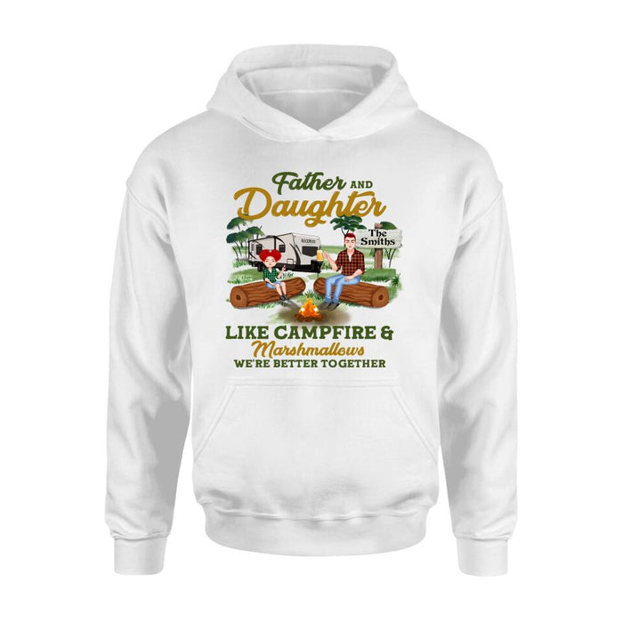 Custom Personalized Camping Dad Shirt/ Pullover Hoodie - Gift Idea For Father's Day/ Camping Lover - Father/ Parents With Upto 2 Kids And 4 Dogs - Father And Daughter Like Campfire & Marshmallows