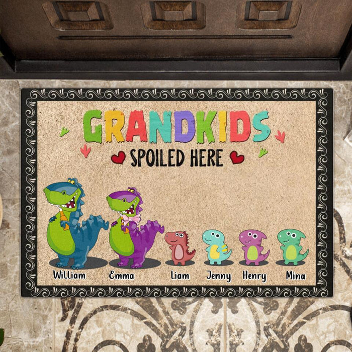 Custom Personalized Grandparents Grandkids Spoiled Here Doormat - Grandparents/ Grandpa/ Grandma With Upto 4 Grandkids - Gift Idea For Grandparents/ Dinosaurs Lover