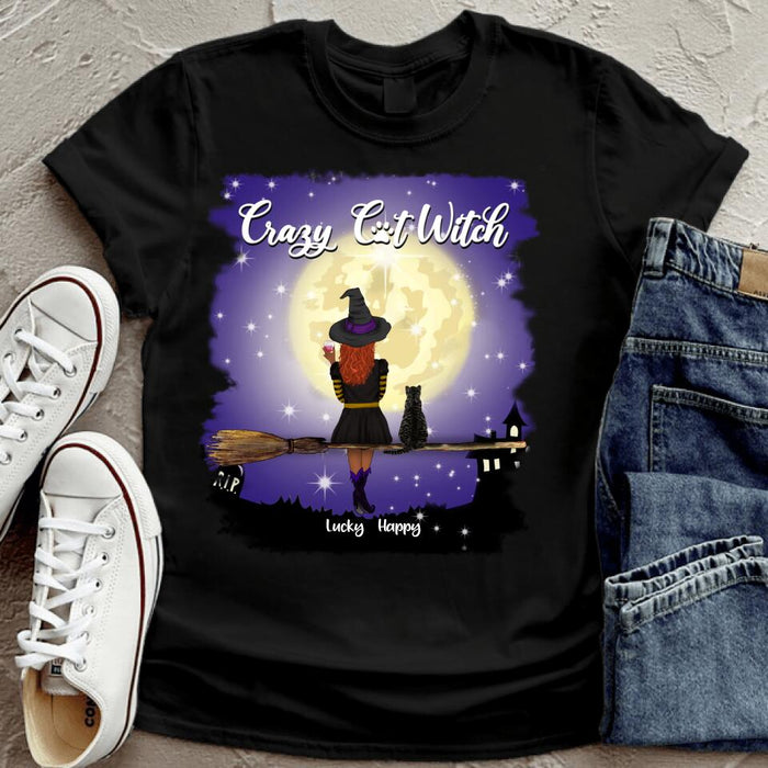 Custom Personalized Witchy T-shirt - Girl with up to 3 Pets - Crazy Cat Witch - OCEL9Z