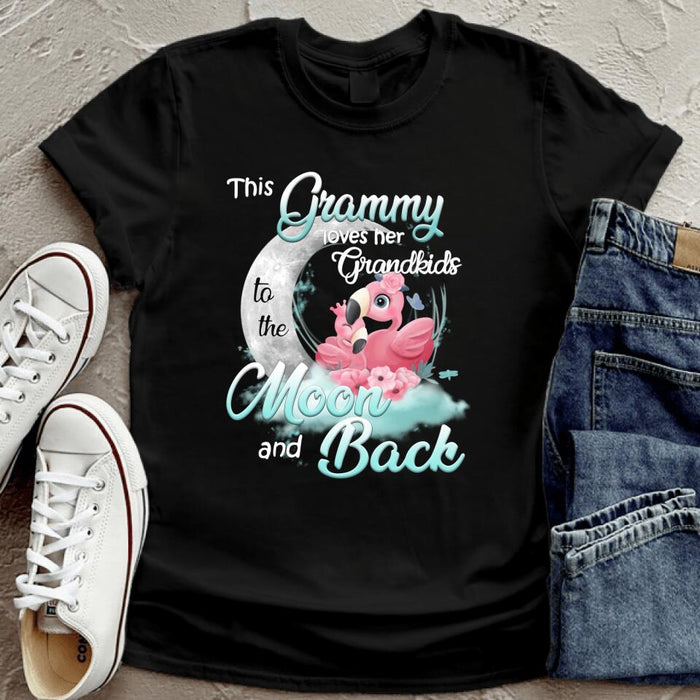Custom Personalized Grandma Flamingo T-shirt - This Grammy Loves Her Grandkids To The Moon And Back - HWDFYR