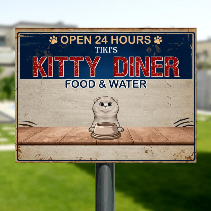 Custom Personalized Kitty Diner Metal Sign - Upto 5 Cats - Gift Idea For Cat Lover - Open 24 Hours Kitty Diner Food & Water