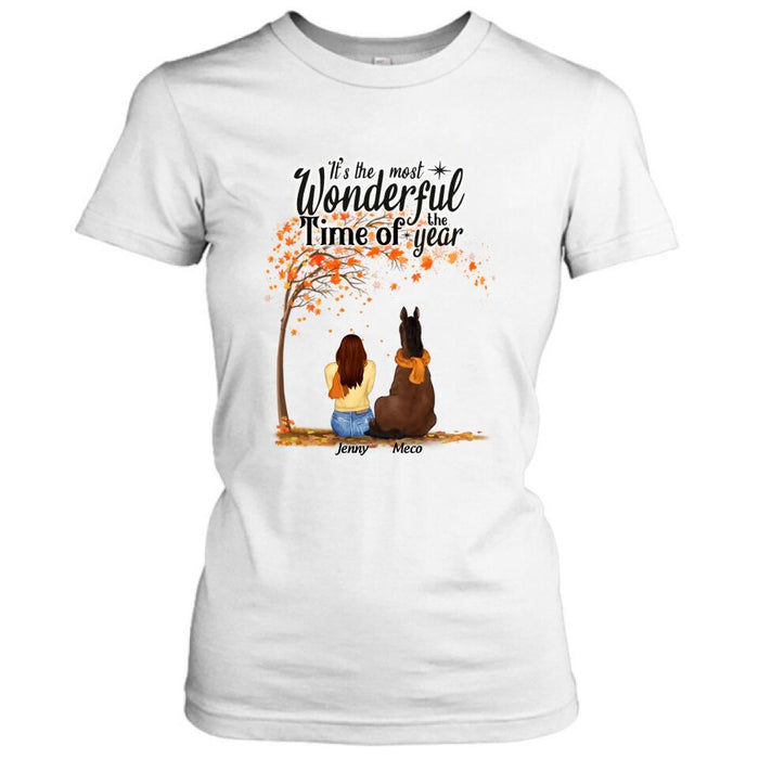 Custom Personalized Horse Mom Autumn T-Shirt - Girl With Upto 3 Horses - It's The Most Wonderful Time Of The Year