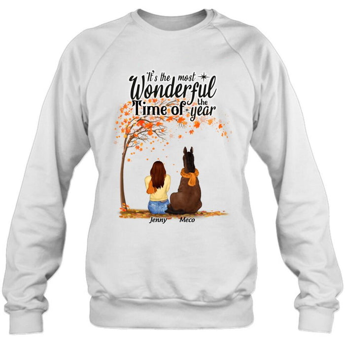Custom Personalized Horse Mom Autumn T-Shirt - Girl With Upto 3 Horses - It's The Most Wonderful Time Of The Year
