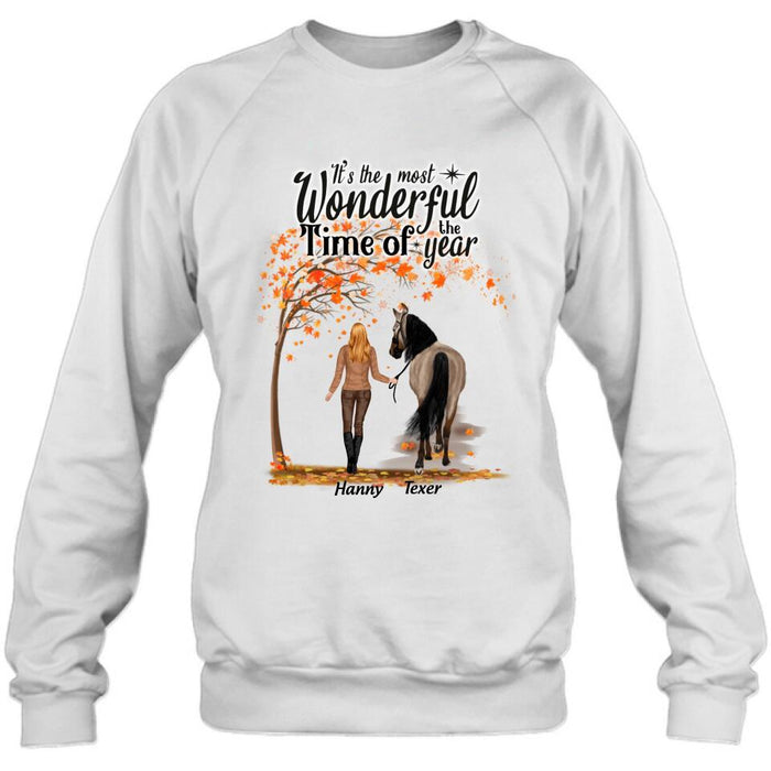 Custom Personalized Horse Mom In Autumn T-shirt - Girl With Upto 2 Horses - Gift For Horse Lover - It's The Most Wonderful Time Of The Year