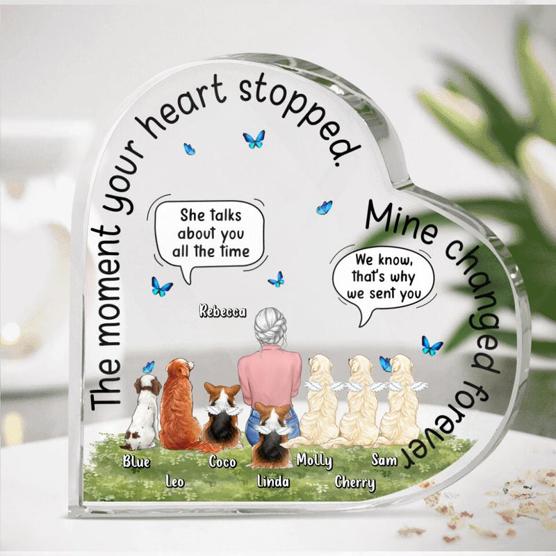 Personalized Memorial Dog Heart-Shaped Plaque - Woman With 7 Dogs - Memorial Gift For Dog Lover