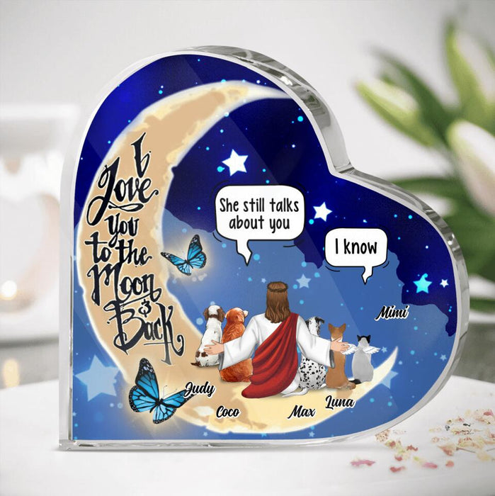 Custom Personalized Memorial God & Dog/Cat Sitting On Moon Heart-Shaped Acrylic Plaque - Upto 5 Pets - Memorial Gift Idea For Loss Dog/ Cat
