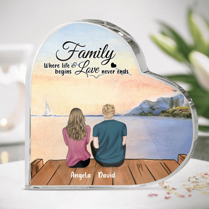 Custom Personalized Family Heart Shaped Acrylic Plaque - Couple/ Parents With Upto 2 Kids And 4 Pets - Gift Idea For Family/ Dog/ Cat Lover - Family Where Life Begins And Love Never Ends