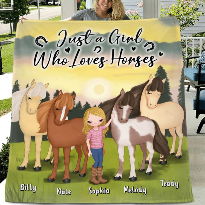 Custom Personalized Horse Girl Single Layer Fleece/ Quilt - Gift Idea For Horse Lovers with up to 4 Horses - Just A Girl Who Loves Horses