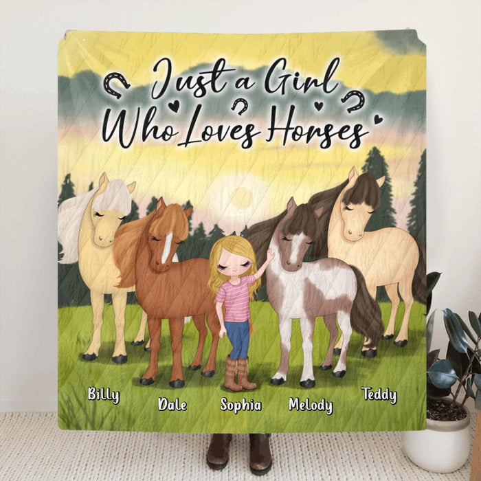 Custom Personalized Horse Girl Single Layer Fleece/ Quilt - Gift Idea For Horse Lovers with up to 4 Horses - Just A Girl Who Loves Horses