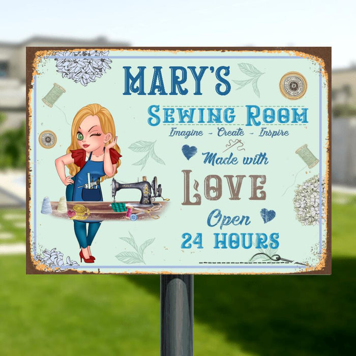 Custom Personalized Sewing Metal Sign - Gift Idea For Sewing Lover - Sewing Room, Imagine, Create, Inspire, Made With Love Open 24 Hours