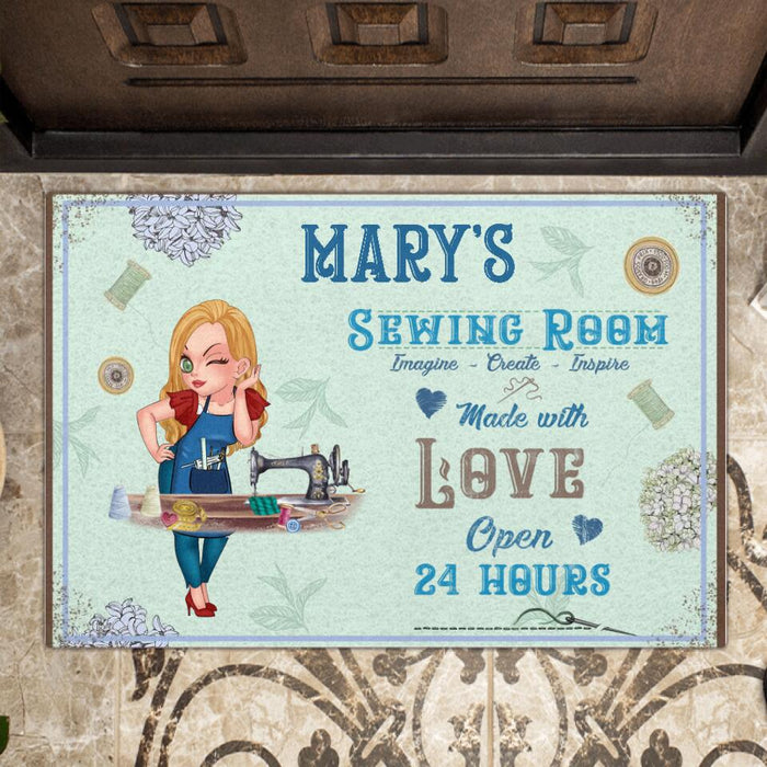 Custom Personalized Sewing Doormat  - Gift Idea For Sewing Lover - Sewing Room, Imagine, Create, Inspire, Made With Love Open 24 Hours