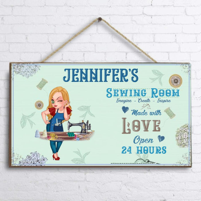 Custom Personalized Sewing Door Sign  - Gift Idea For Sewing Lover - Sewing Room, Imagine, Create, Inspire, Made With Love Open 24 Hours