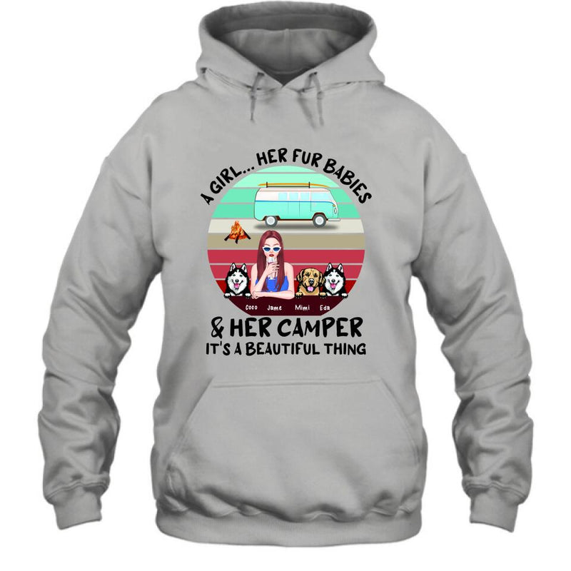 Personalized Camping Shirt - Women With  Up to 3 Dogs - Best Gift For Dog Lover - A Girl Her Fur Babies Her Dogs And Her Camper It's A Beautiful Thing