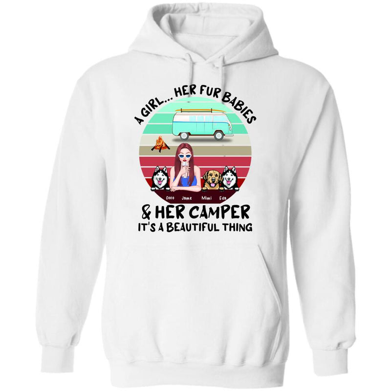 Personalized Camping Shirt - Women With  Up to 3 Dogs - Best Gift For Dog Lover - A Girl Her Fur Babies Her Dogs And Her Camper It's A Beautiful Thing